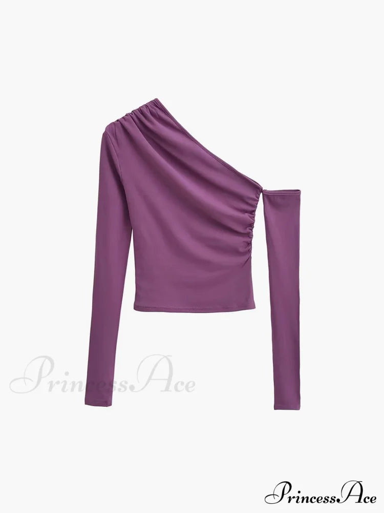 Asymmetric Sleeve Graceful Ruched Crop Shirt Purple / Xs T-Shirts