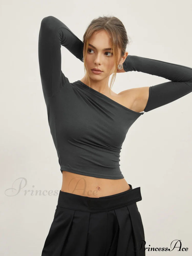 Asymmetric Sleeve Graceful Ruched Crop Shirt T-Shirts