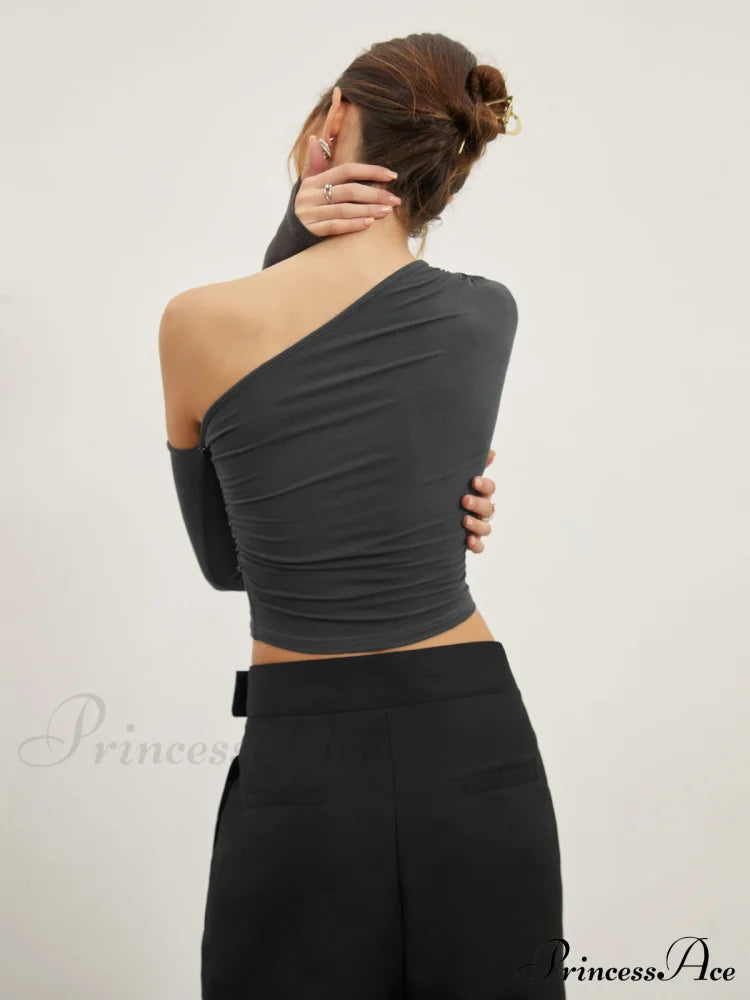 Asymmetric Sleeve Graceful Ruched Crop Shirt T-Shirts