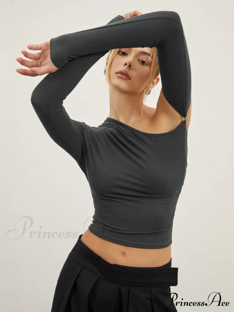 Asymmetric Sleeve Graceful Ruched Crop Shirt T-Shirts