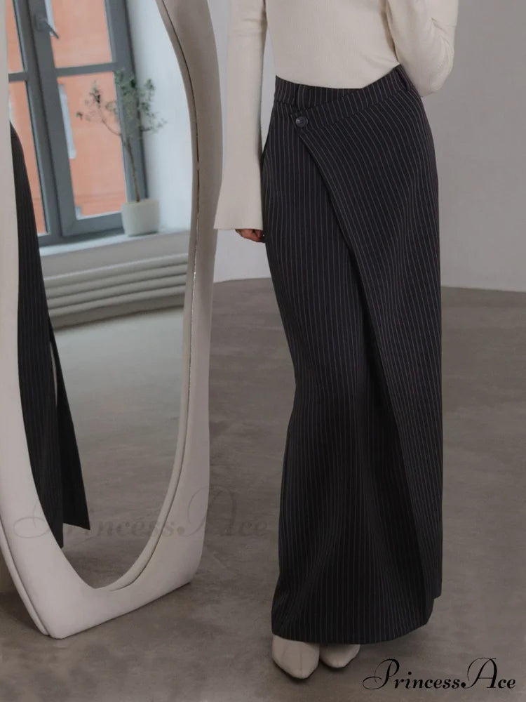 Asymmetric Slit Graceful Striped Long Skirt Navy / Xs Skirts