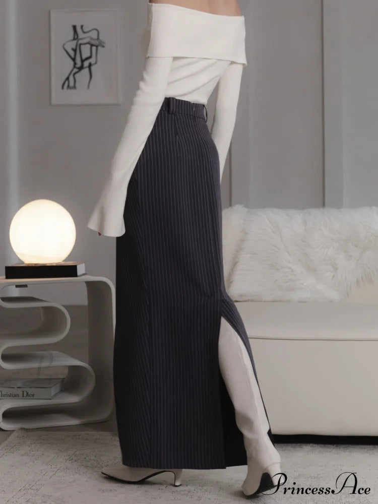 Asymmetric Slit Graceful Striped Long Skirt Skirts