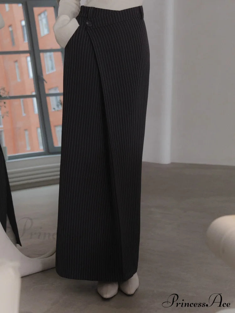 Asymmetric Slit Graceful Striped Long Skirt Skirts