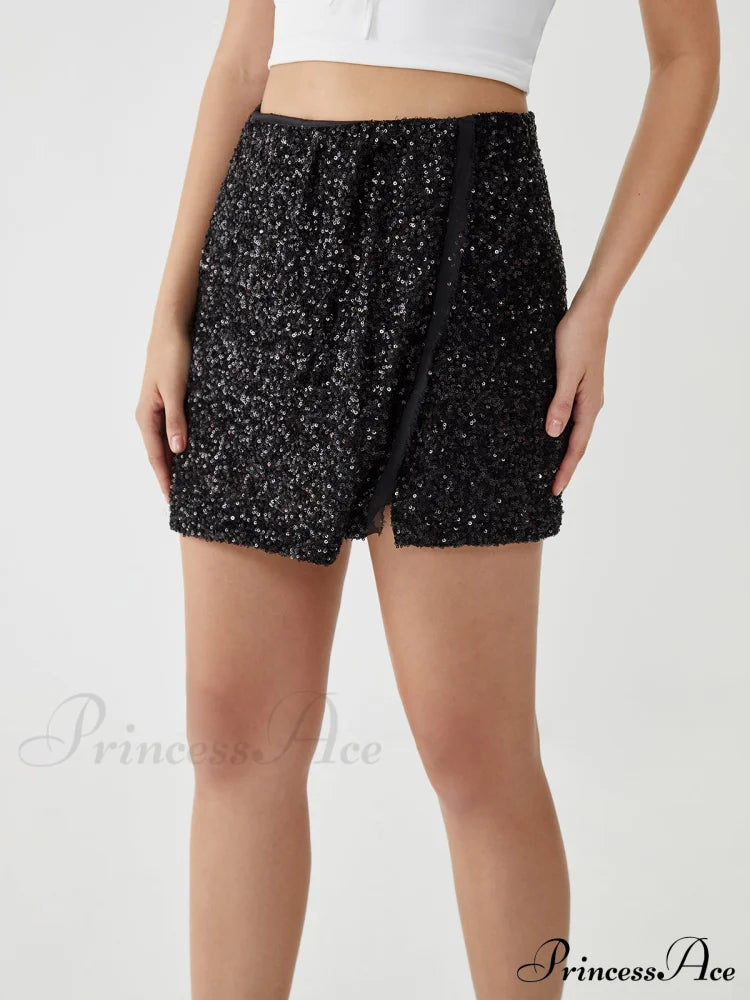 Asymmetric Split Graceful Sequin Mini Skirt Skirts