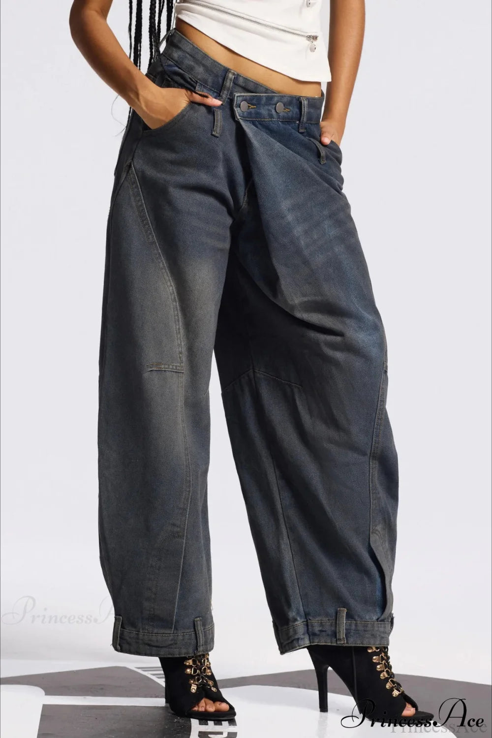 Asymmetric Waist Washed Low Waist Flare Wide Leg Jeans