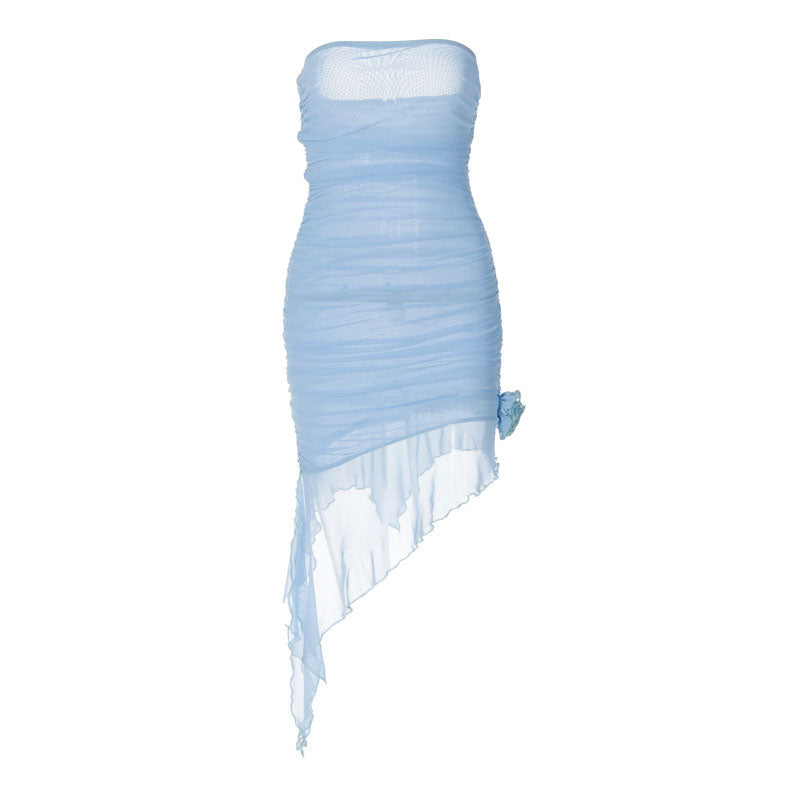 Appliqu鑼?Detail Ruched Mesh Strapless Classic Bodycon Mini Dress - Blue