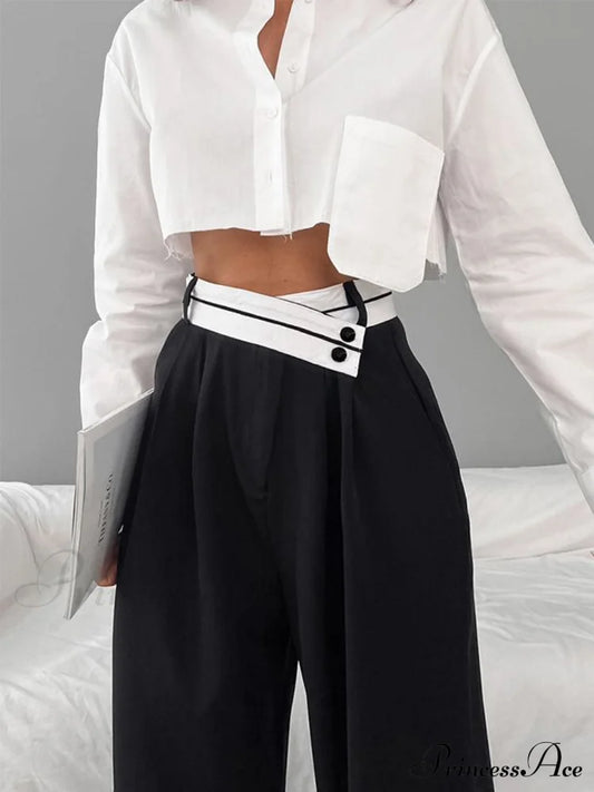 Asymmetrical Contrast Waistband Trendy Wide Leg Dress Pants