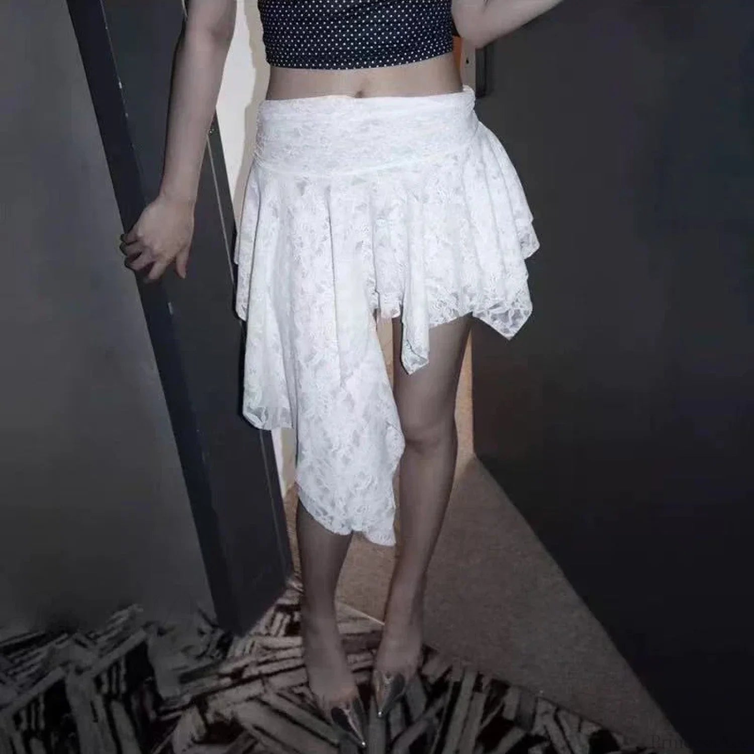 Asymmetrical Lace Ruffle Mini Skirt WHITE / One Size