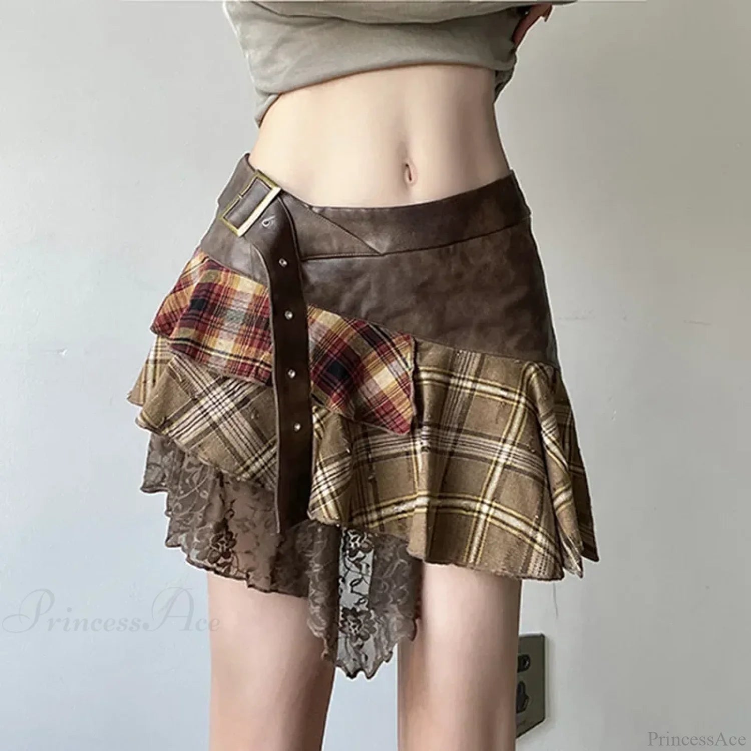 Asymmetrical Lace Stripes Plaid Skirt Khaki / S