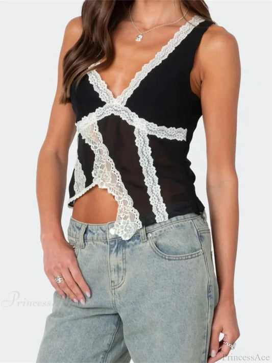 Asymmetrical Lace Trim Deep V-neck Slim Crop Top croptop-250126