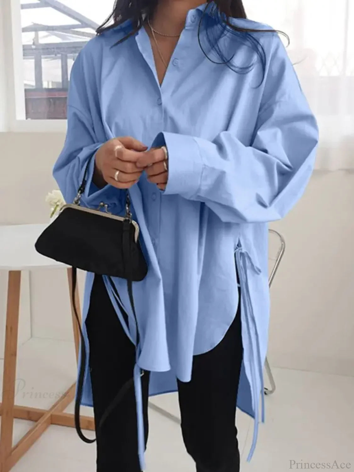 Asymmetrical Lace-Up Button Lapel Blouse blouse-250126