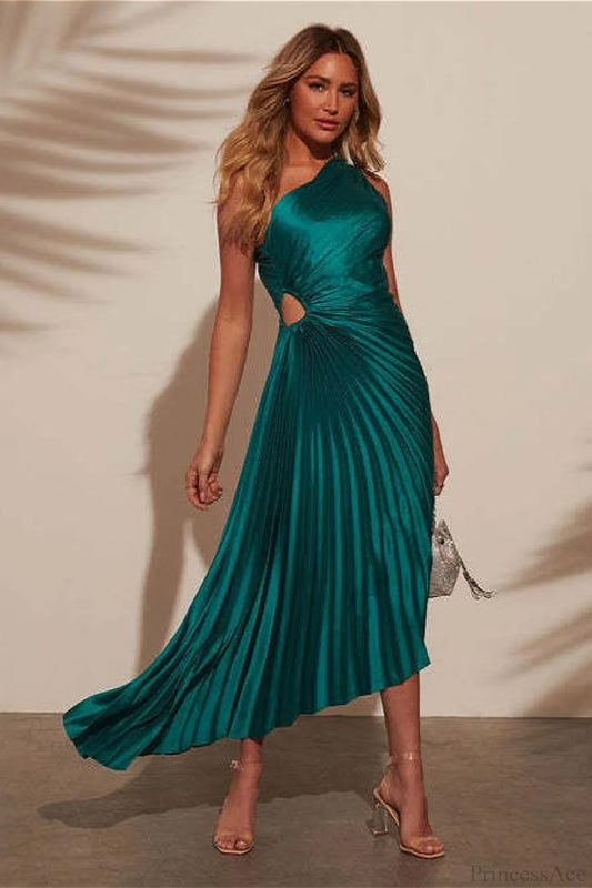 Asymmetrical One-Shoulder Ruched Satin Wedding Dress Green / S