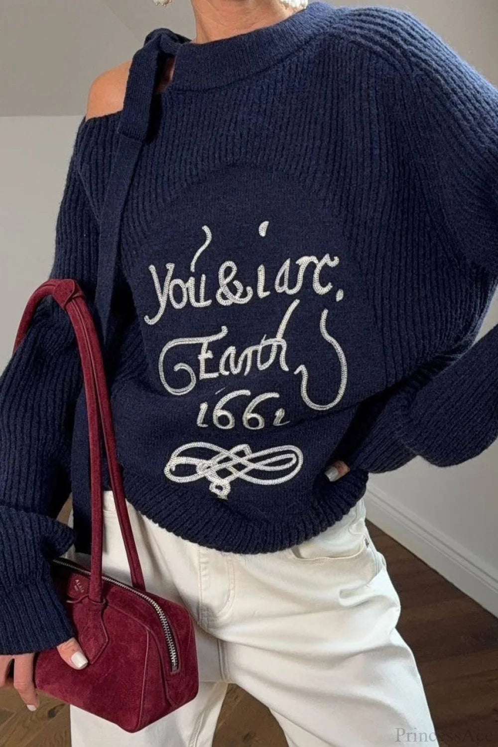 Asymmetrical Shoulder Letter Pattern Solid Sweater