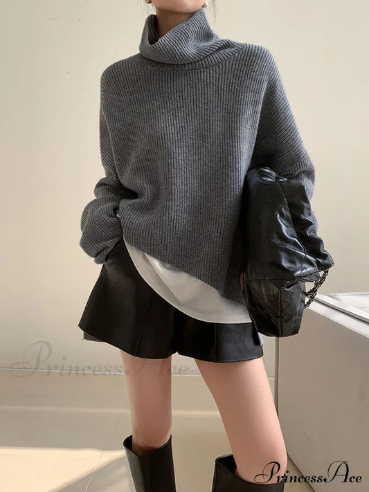 Asymmetrical Turtleneck Graceful Oversized Sweater Grey / Xs Sweaters-L