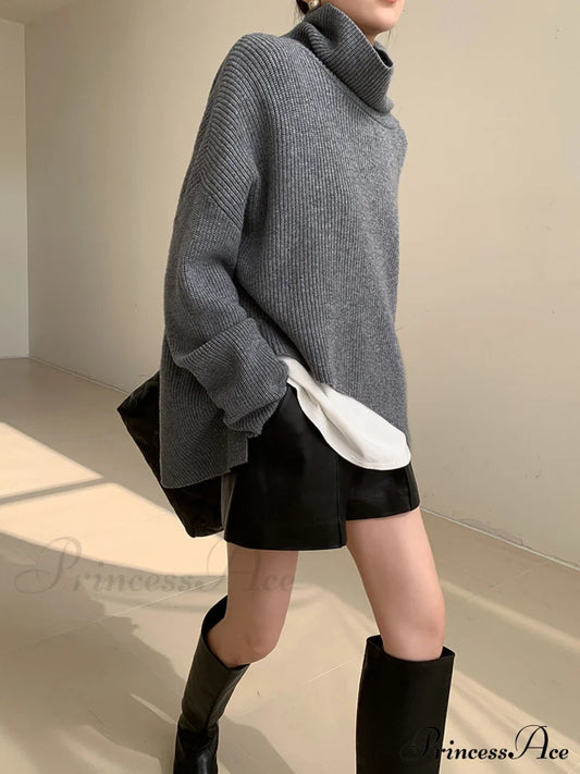 Asymmetrical Turtleneck Graceful Oversized Sweater Sweaters-L