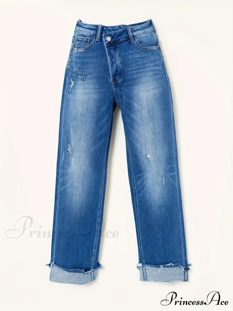 Asymmetrical Waist Casual Straight Loose Fit Rolled Hem Denim Jean