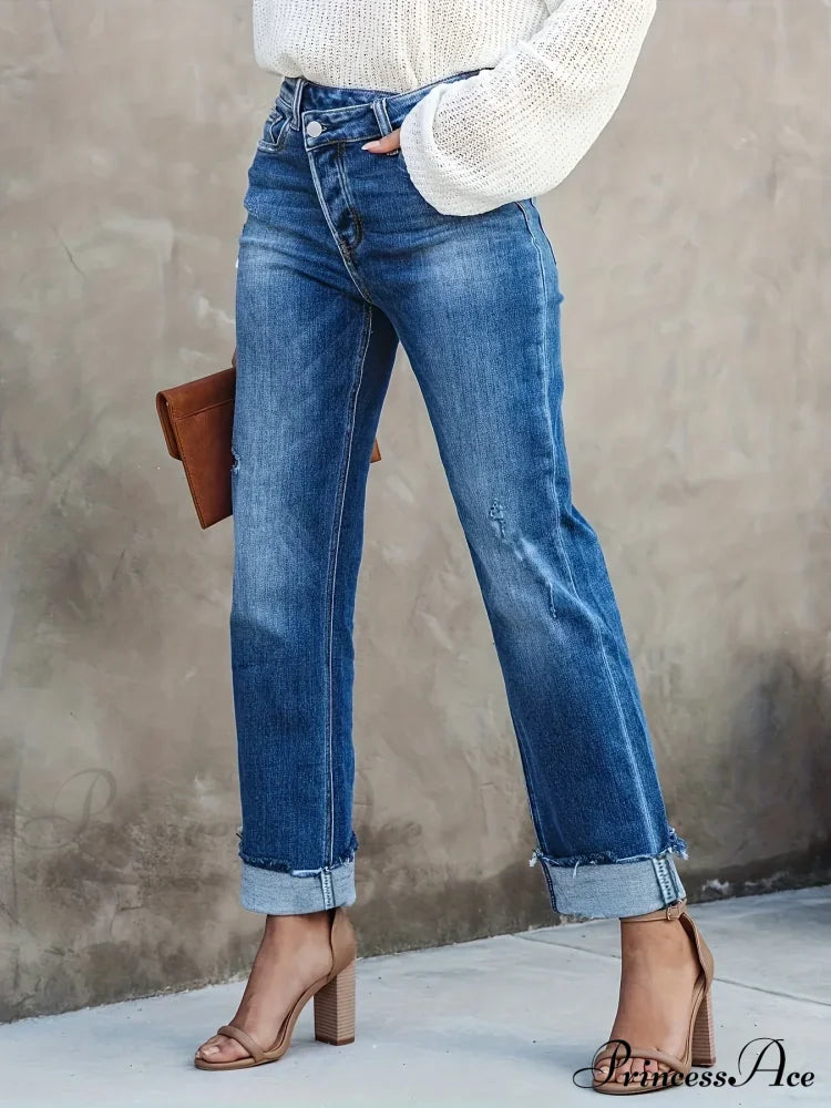 Asymmetrical Waist Casual Straight Loose Fit Rolled Hem Denim Jean