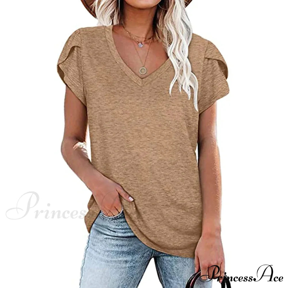 Women's Athleisure T-Shirt V-Neck Top Khaki __stock:200 clothes refund_fee:800 tops