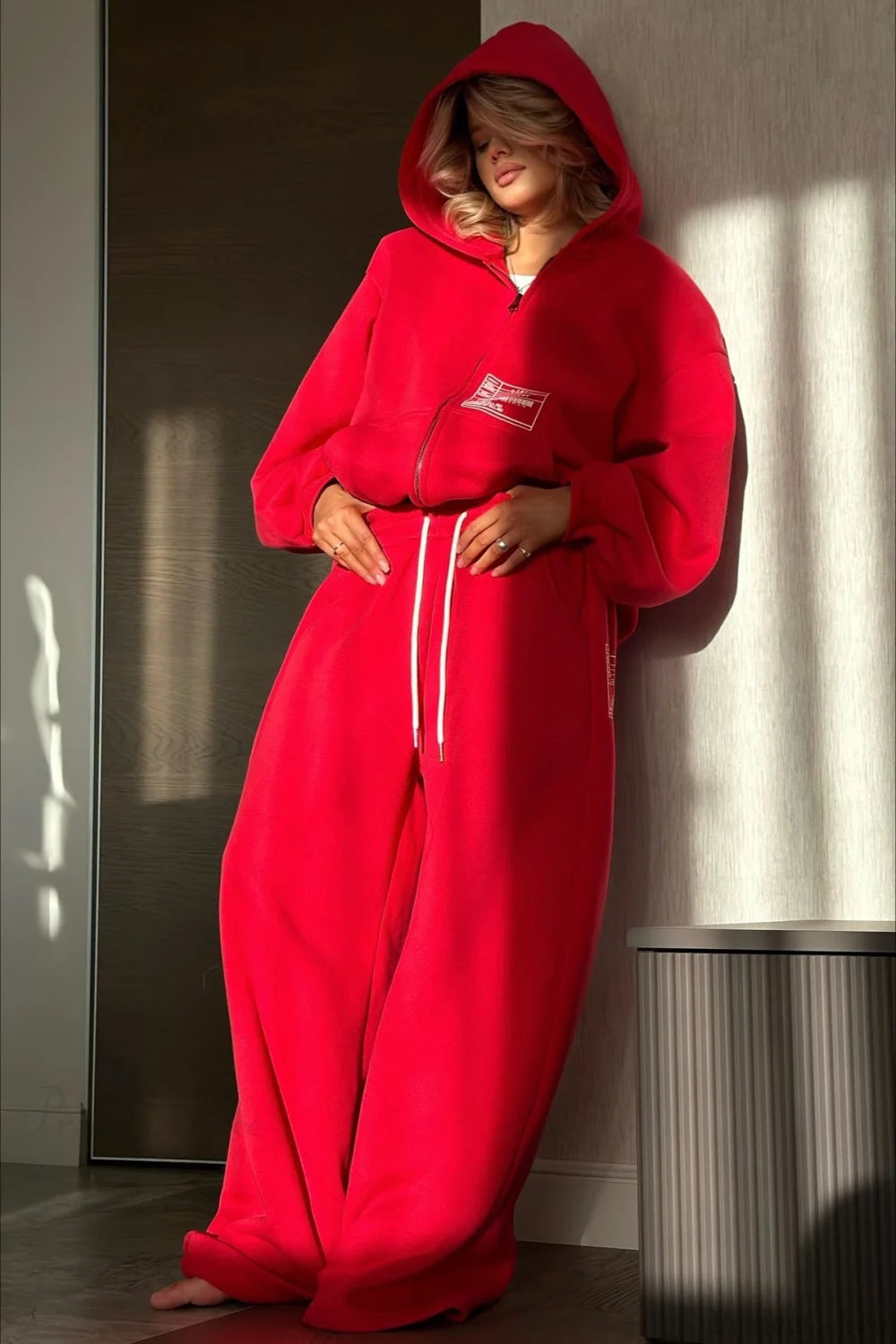Athletic Hooded Zipper Oversized Casual Two Piece Set Red / S