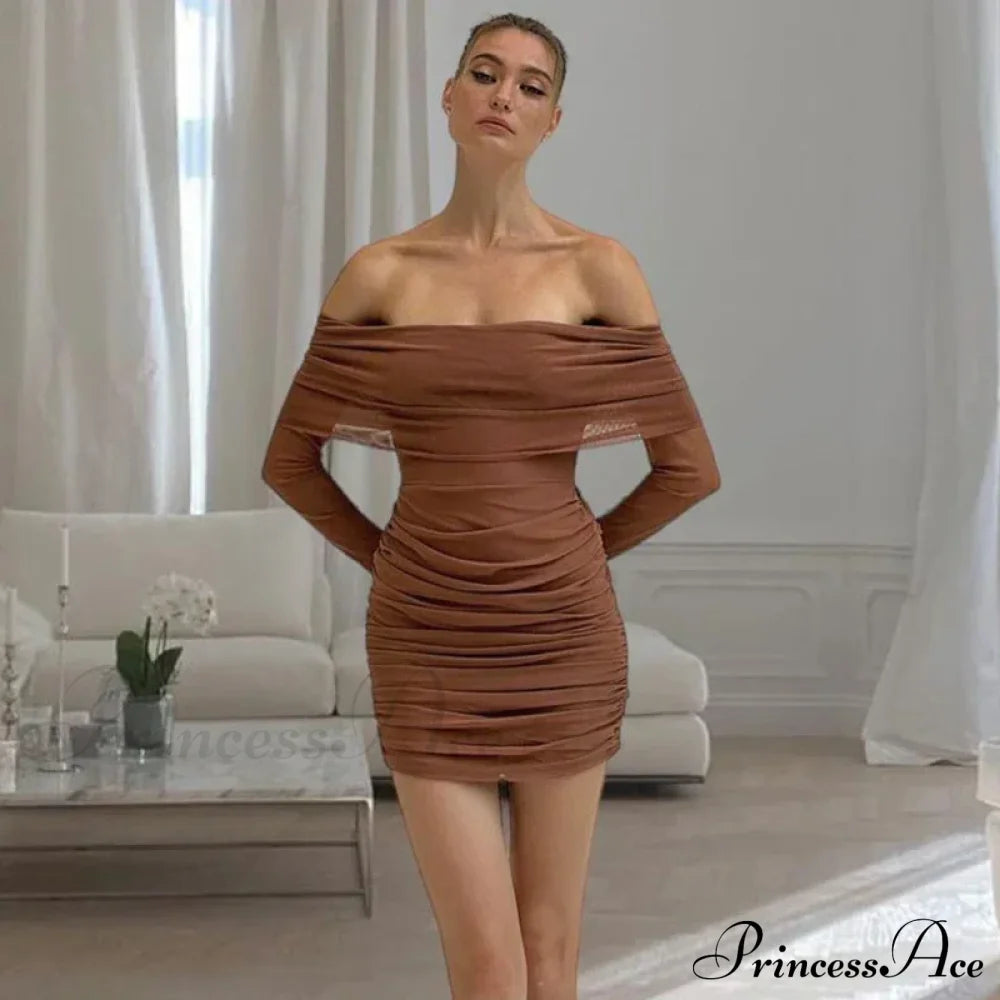 Autumn And Winter New Off Shoulder Knitted Slim Pleated Long Sexy Bodycon Dress