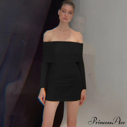 Autumn And Winter New Off Shoulder Knitted Slim Pleated Long Sexy Bodycon Dress Black / S