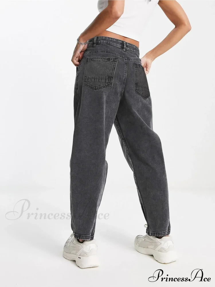 Autumn Black Washed Casual Tapered Slant Pockets Straight Legs Mom Denim