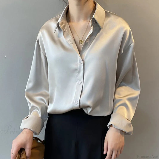 Autumn Button Up Satin Vintage White Blouse Apricot / S blouse-250223