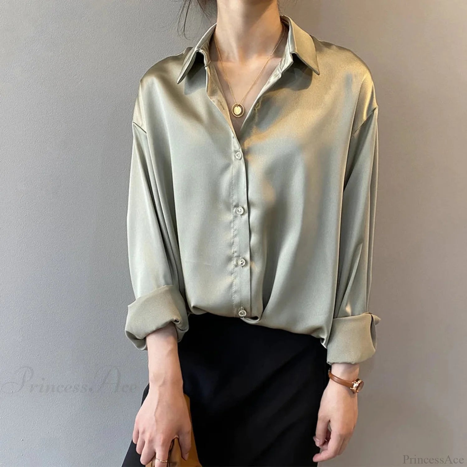 Autumn Button Up Satin Vintage White Blouse Green / S blouse-250223