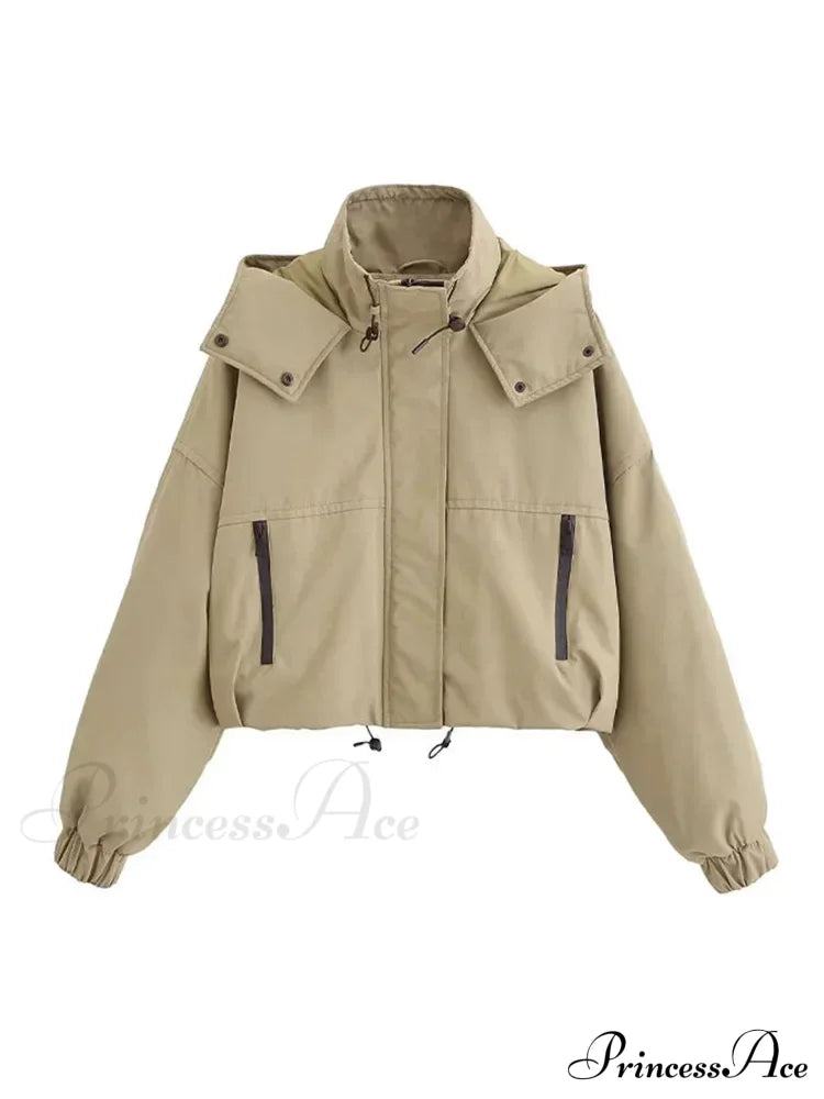 Autumn Chic Stand Collar Hooded Long Sleeves Zipper Pocket Crop Warm Stylish Coat Beige / S Coats-L