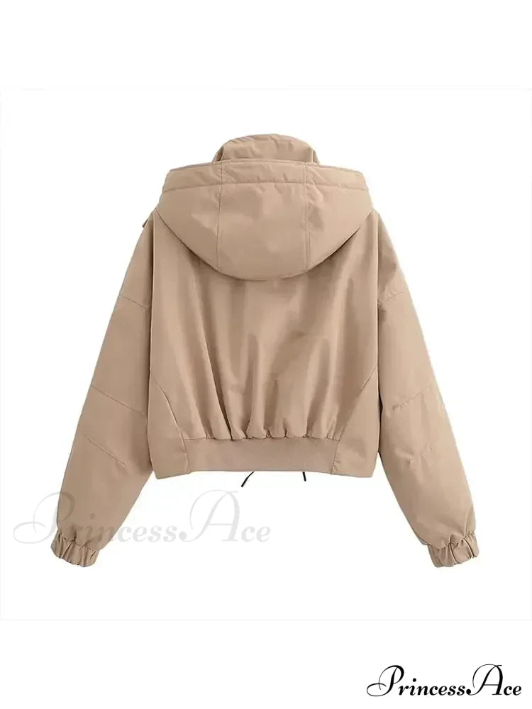 Autumn Chic Stand Collar Hooded Long Sleeves Zipper Pocket Crop Warm Stylish Coat Khaki / S Coats-L