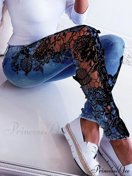 Autumn Denim Hollow-Out Flowered Elegant 3Xl Crochet Women Jeans Lace Sexy Pencil