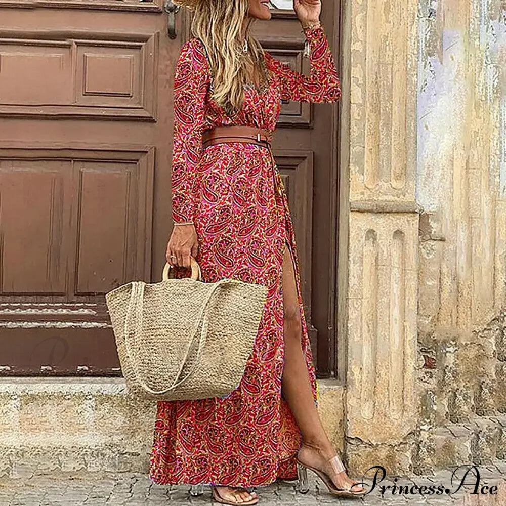 Autumn Female Short Sleeve Sexy High Split Maxi Boho Dress