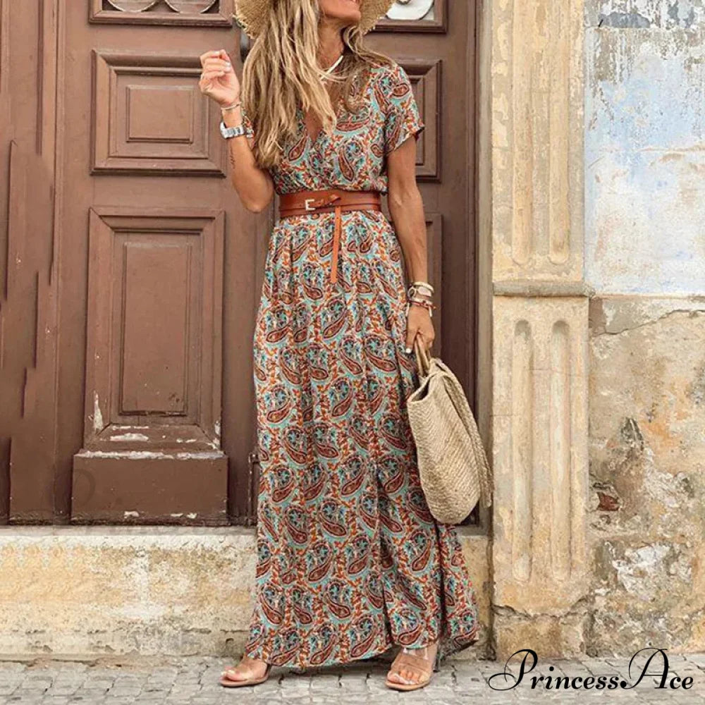 Autumn Female Short Sleeve Sexy High Split Maxi Boho Dress Brown / S