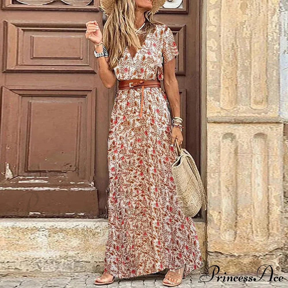 Autumn Female Short Sleeve Sexy High Split Maxi Boho Dress Red / S