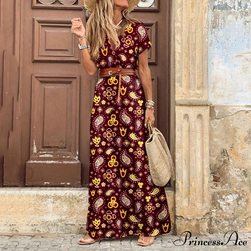 Autumn Female Short Sleeve Sexy High Split Maxi Boho Dress Wine Red / S