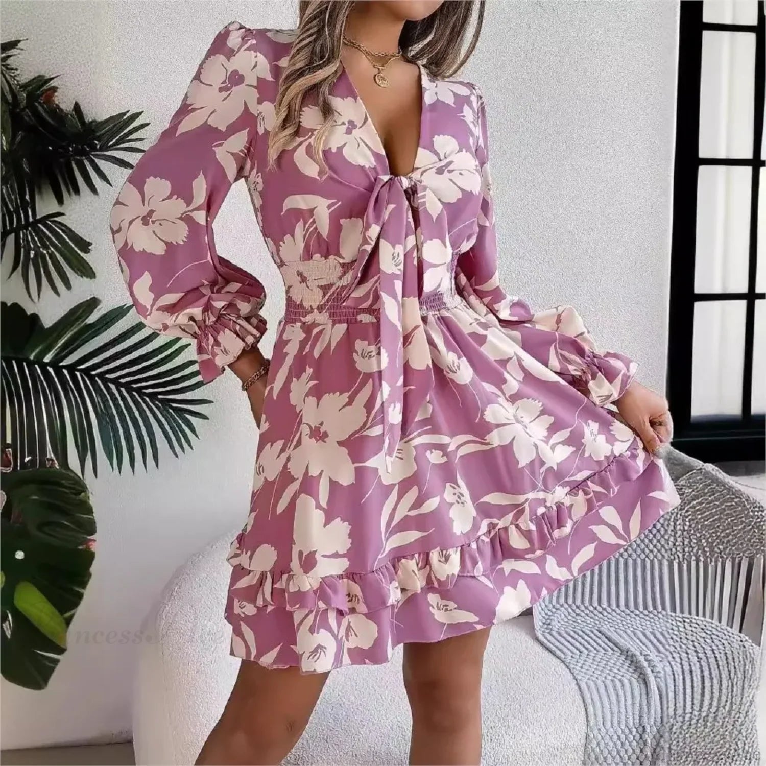Autumn Flared Sleeve Floral Dress oldfloraldress-250126