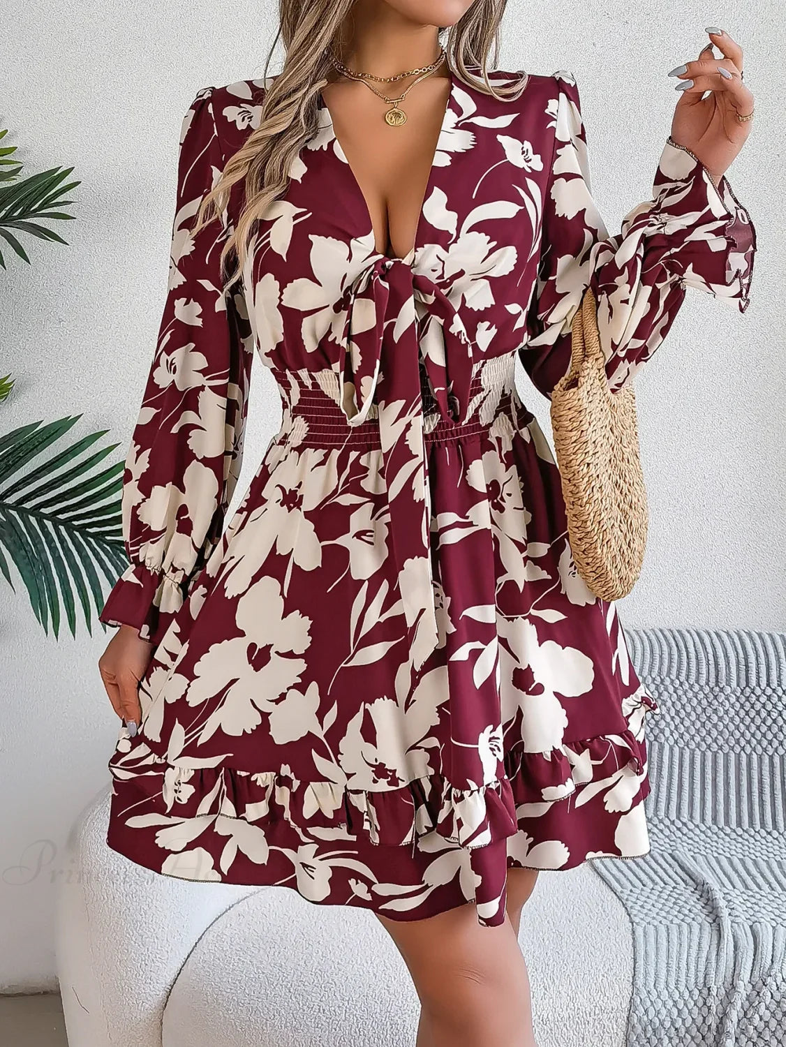Autumn Flared Sleeve Floral Dress wine red / S oldfloraldress-250126
