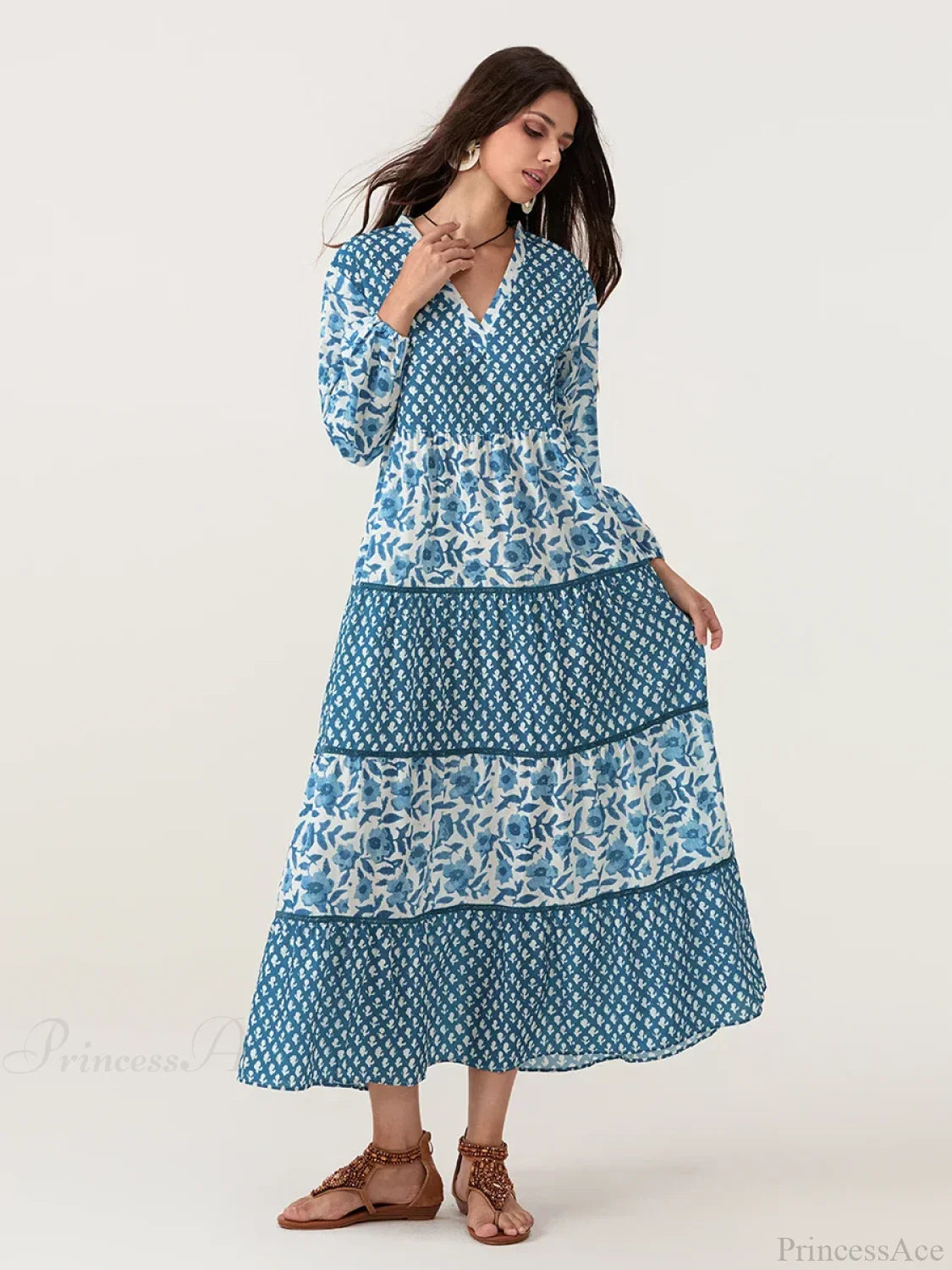 Autumn Floral Long Sleeve V-Neck Loose A-Line Floral Dress floraldress-250126