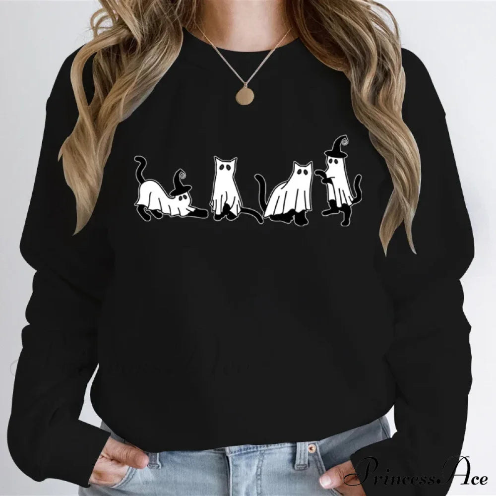 Autumn Ghost Cat Graphic Comfortable Hoodie Black / Xs Sweatshirts & Hoodies-L