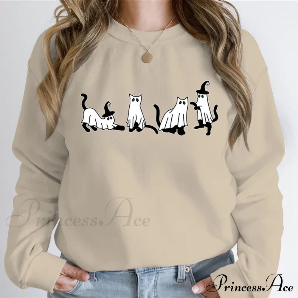 Autumn Ghost Cat Graphic Comfortable Hoodie Khaki / Xs Sweatshirts & Hoodies-L