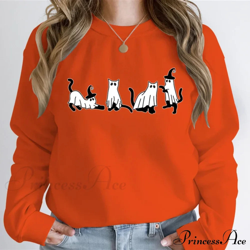 Autumn Ghost Cat Graphic Comfortable Hoodie Orange / Xs Sweatshirts & Hoodies-L