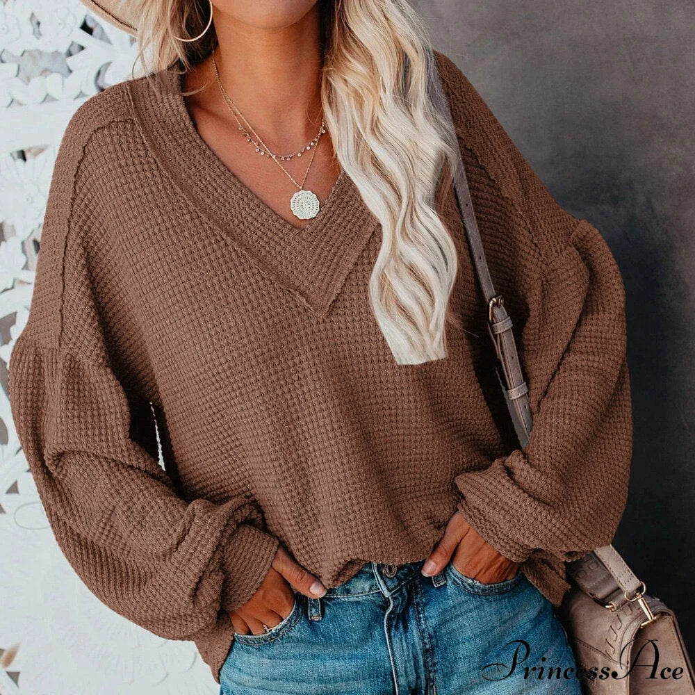 Autumn Knit V-Neck Long Lantern Sleeve Casual Sweater Auburn / S Sweaters-L