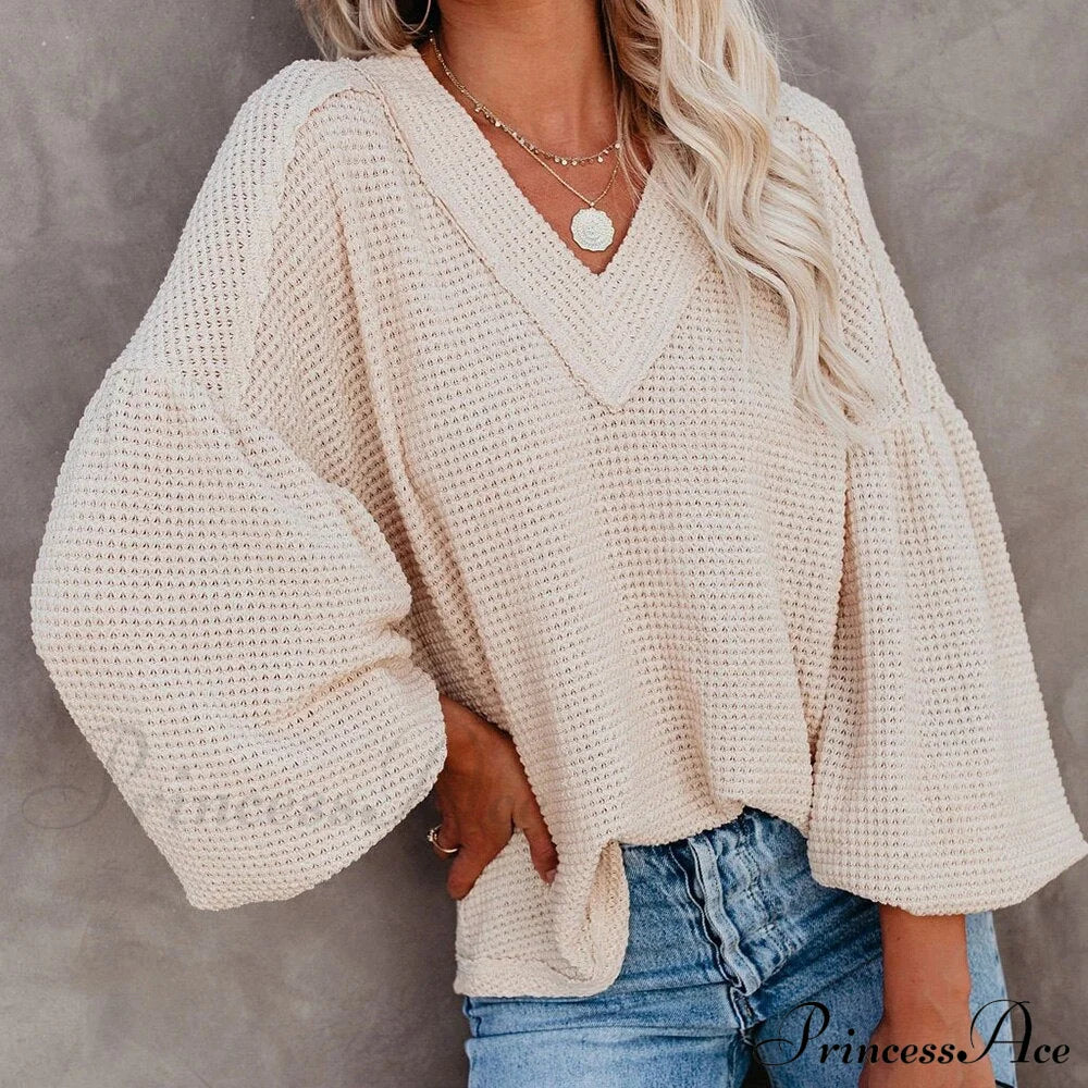 Autumn Knit V-Neck Long Lantern Sleeve Casual Sweater Beige / S Sweaters-L