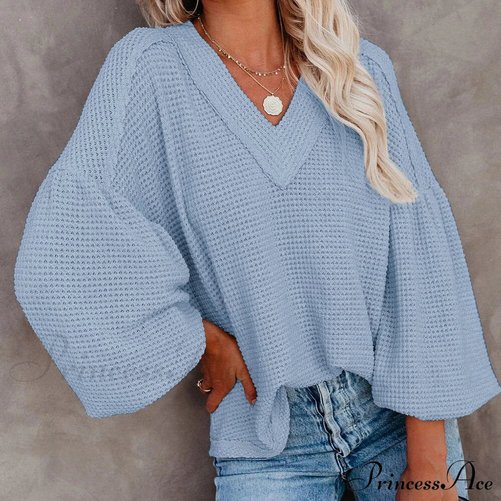 Autumn Knit V-Neck Long Lantern Sleeve Casual Sweater Blue / S Sweaters-L