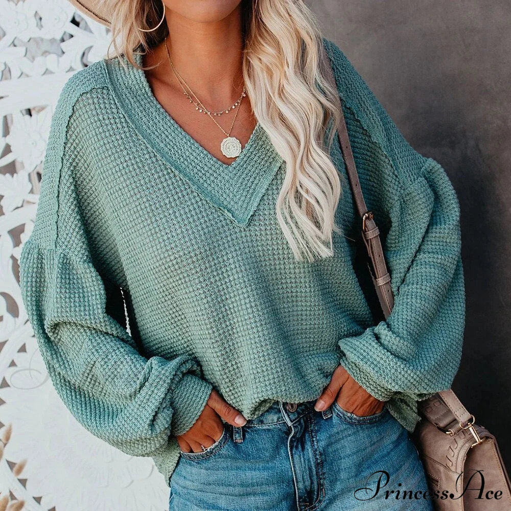 Autumn Knit V-Neck Long Lantern Sleeve Casual Sweater Green / S Sweaters-L