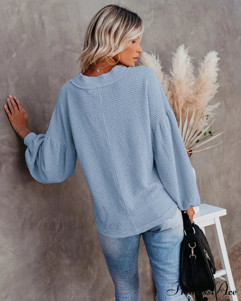 Autumn Knit V-Neck Long Lantern Sleeve Casual Sweater Sweaters-L