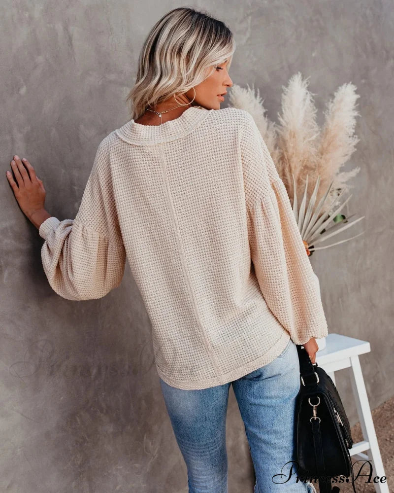 Autumn Knit V-Neck Long Lantern Sleeve Casual Sweater Sweaters-L