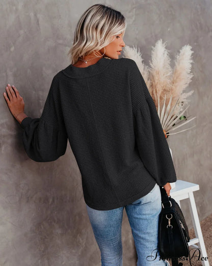 Autumn Knit V-Neck Long Lantern Sleeve Casual Sweater Sweaters-L