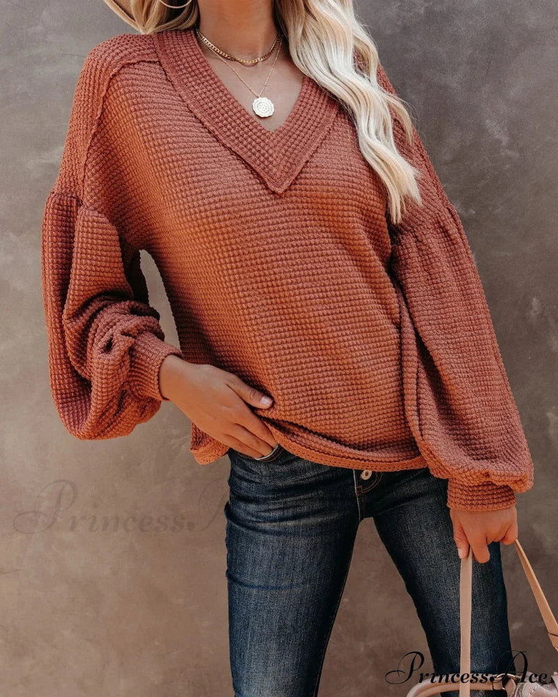 Autumn Knit V-Neck Long Lantern Sleeve Casual Sweater Sweaters-L