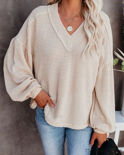 Autumn Knit V-Neck Long Lantern Sleeve Casual Sweater Sweaters-L